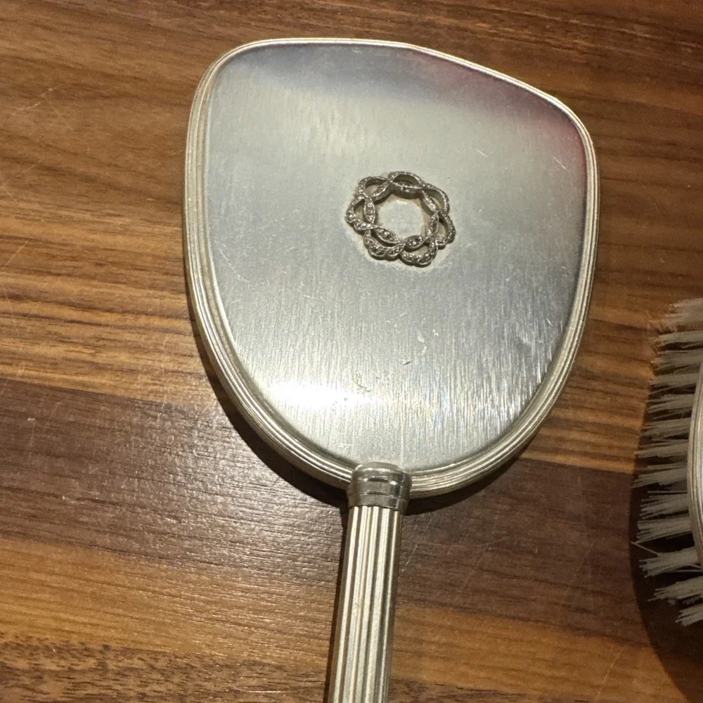 Vintage Mirror and Brush Vanity Set Silver Colored Brushed Finish